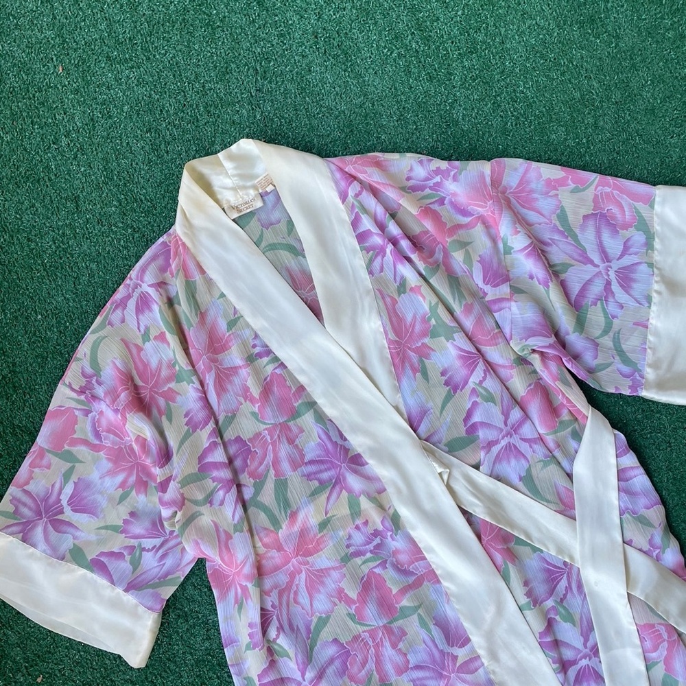 Vintage Gold Label Victoria's Secret Pink & Yellow Floral Satin Robe Kimono